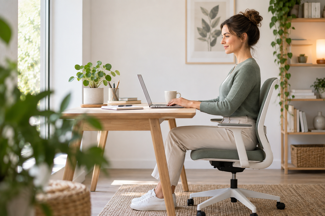 Helyes testtartás ülőmunka közben ergonomikusan beállított otthoni munkaállomásnál